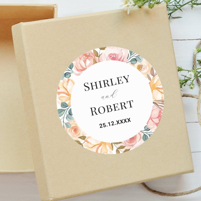 Elegant Wildflower Watercolor Custom Wedding Classic Round Sticker (Creator Uploaded)