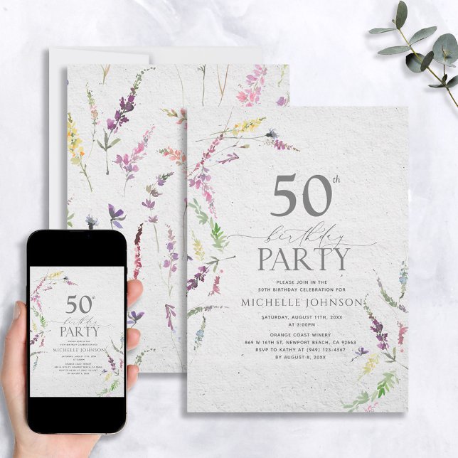 Elegant Wildflower Watercolor Floral 50th Birthday Invitation (Creator Uploaded)