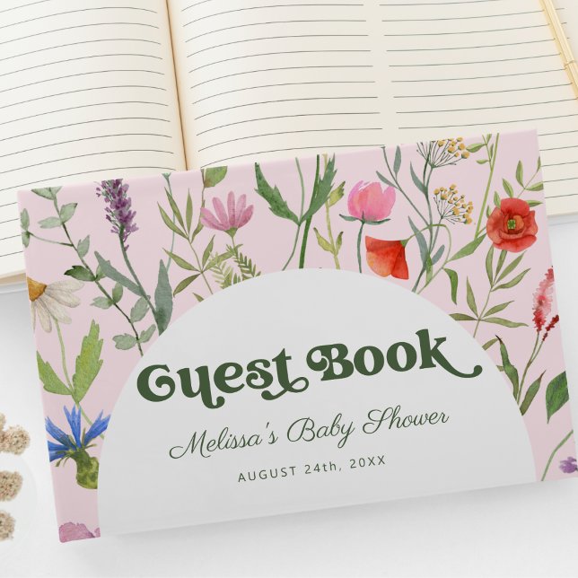 Elegant Wildflower Watercolor Pink Baby Shower Guest Book (baby shower guest book)