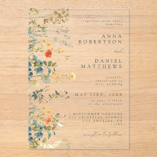 Elegant Wildflower Wedding Acrylic Invitations (Front)