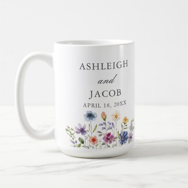 Elegant Wildflower Wedding Anniversary Custom Coffee Mug (Left)