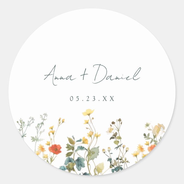 Elegant Wildflower Wedding Classic Round Sticker (Front)