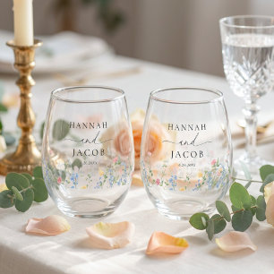 Elegant Wildflower Wedding Couple Drinkware Set Stemless Wine Glass