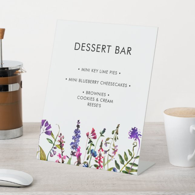 Elegant Wildflower Wedding Dessert Bar Pedestal Sign (In SItu)