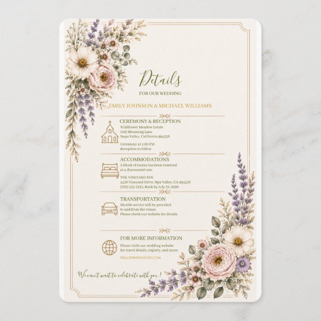 Elegant Wildflower Wedding Details Card (Front)