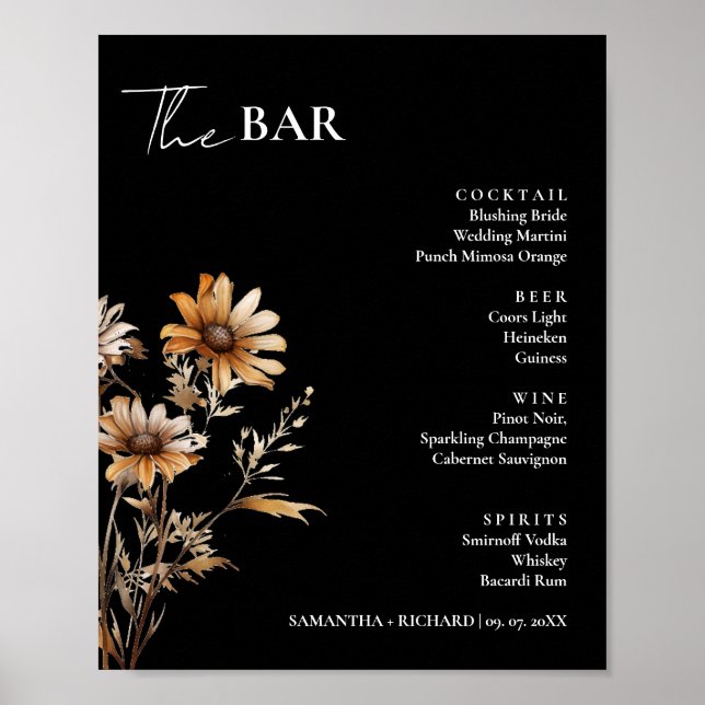 Elegant Wildflower Wedding Drinks Bar Menu  Poster (Front)