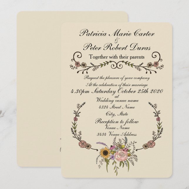 Elegant Wildflower Wedding Invitation.5" x 7" Card (Front/Back)