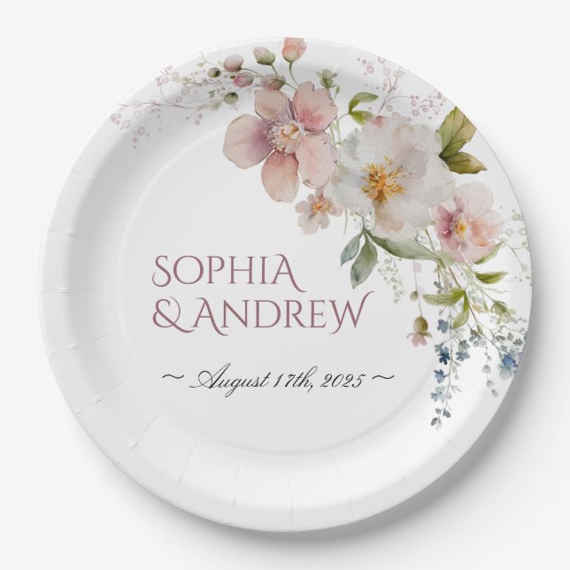 Elegant Wildflower Wedding Paper Plates (Front)