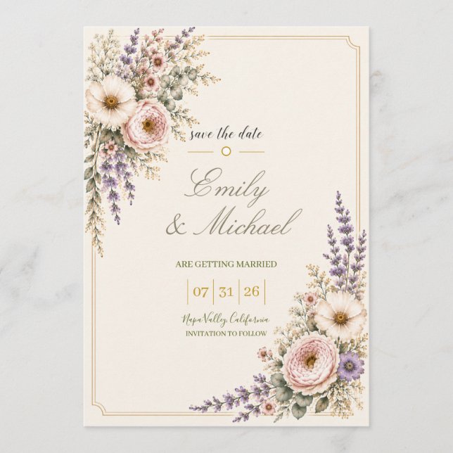 Elegant Wildflower Wedding Save the Date Card (Front)