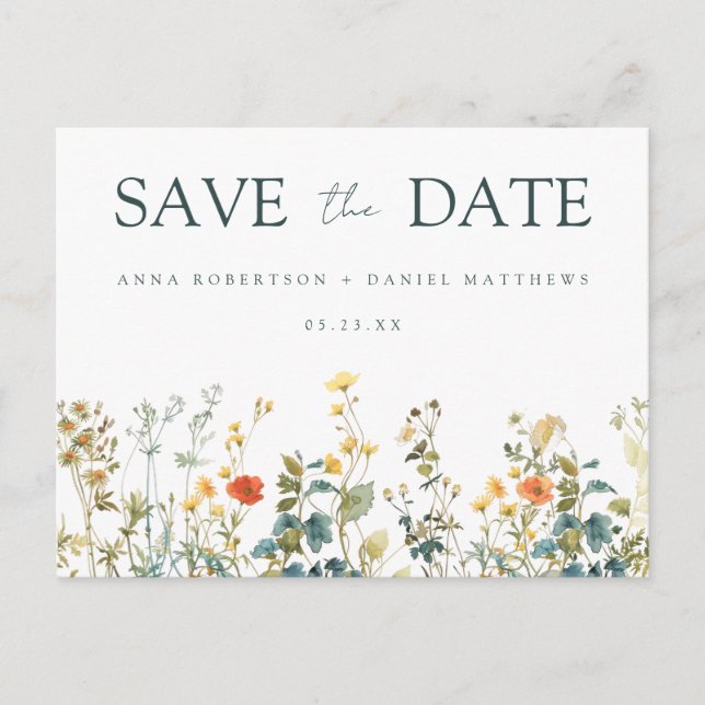 Elegant Wildflower Wedding Save the Date Postcard (Front)
