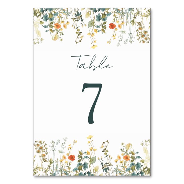 Elegant Wildflower Wedding Table Number (Front)