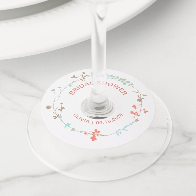 Elegant Wildflower Wreath Bridal Shower Wine Glass Tag (Close Up)