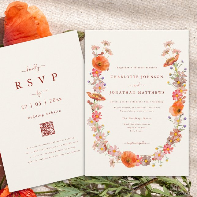 Elegant Wildflower Wreath Fall Wedding Invitation (boho wildflower wreath fall wedding invitation with elegant burnt orange script and qr code)