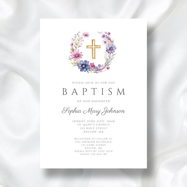 Elegant Wildflower Wreath Girl Baptism Invitation (Elegant Wildflower Wreath Girl Baptism Invitation)