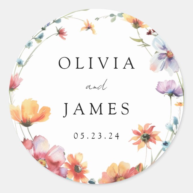 Elegant Wildflower Wreath Summer Wedding Classic Round Sticker (Front)