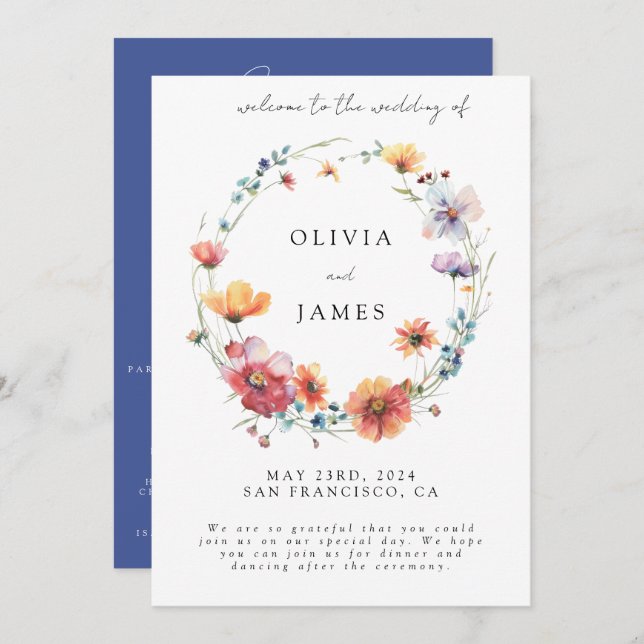 Elegant Wildflower Wreath Summer Wedding Welcome Programme (Front/Back)