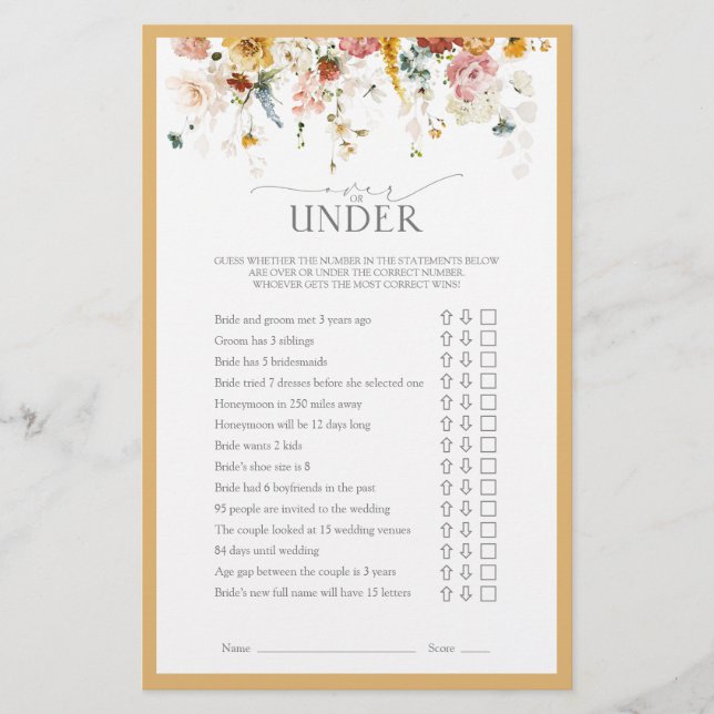 Elegant Wildflower Yellow Bridal Shower Game (Front)