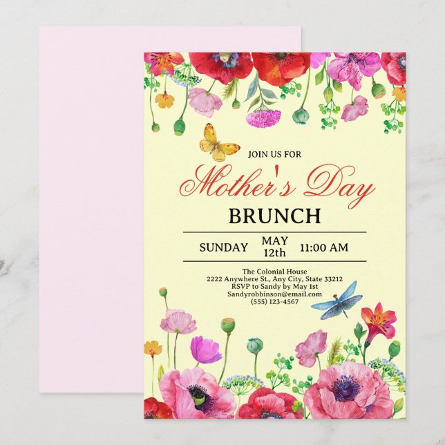 Elegant Wildflower Yellow Chic Mother's Day Brunch Invitation (Front/Back)