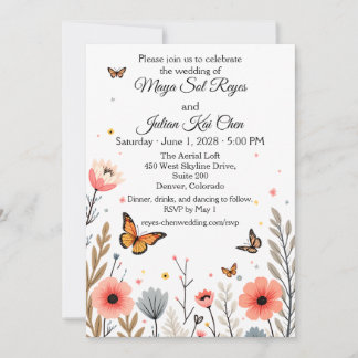Elegant Wildflowers And Butterflies Wedding Invitation