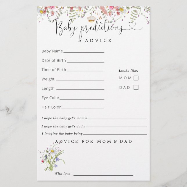 Elegant Wildflowers Baby Shower Predictions Advice (Front)