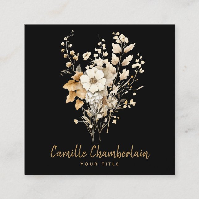 Elegant Wildflowers Black Square Business Card (Front)