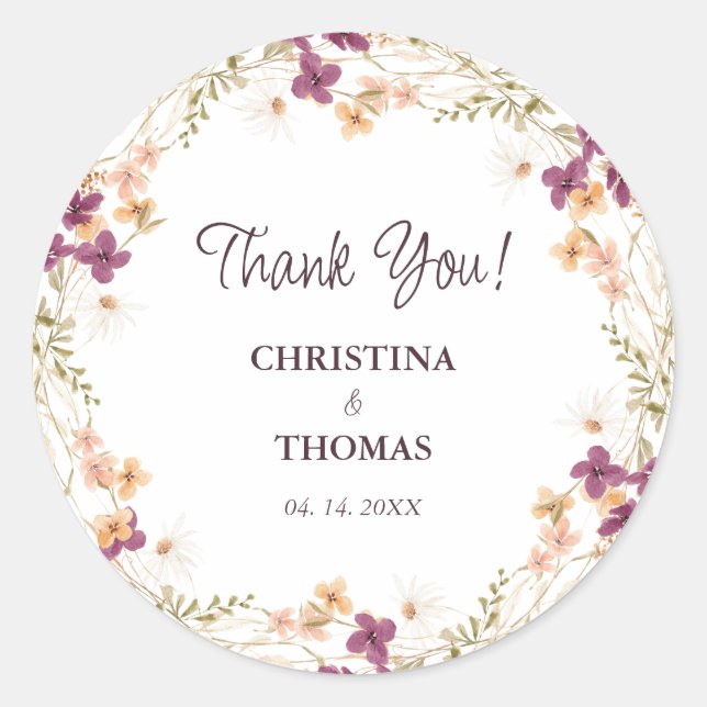 Elegant Wildflowers  Boho Wedding Classic Round Sticker (Front)