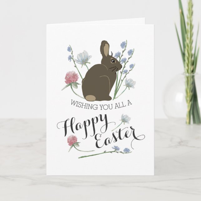 Elegant Wildflowers & Brown Bunny, Easter Card (Front)