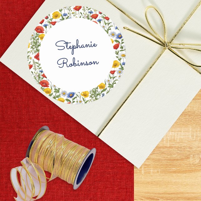 Elegant Wildflowers Colourful Floral Custom Name Classic Round Sticker (A very pretty sticker to personalize with a name, with colorful wildflowers border design)