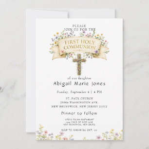 Elegant Wildflowers Cross First Holy Communion  Invitation