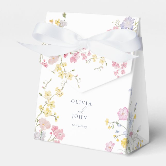 Elegant  Wildflowers Dusty Blue Script Wedding Favour Box (Front Side)