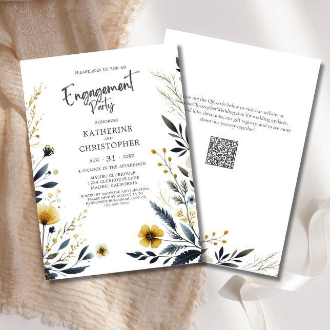 Elegant Wildflowers Engagement Party Invitation (Elegant Wildflowers Wedding Engagement Party Invitation with Watercolor Flowers in  Blue and Yellow.)