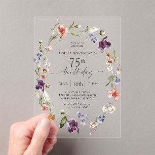 Elegant Wildflowers Feminine Floral 75th Birthday Acrylic Invitations