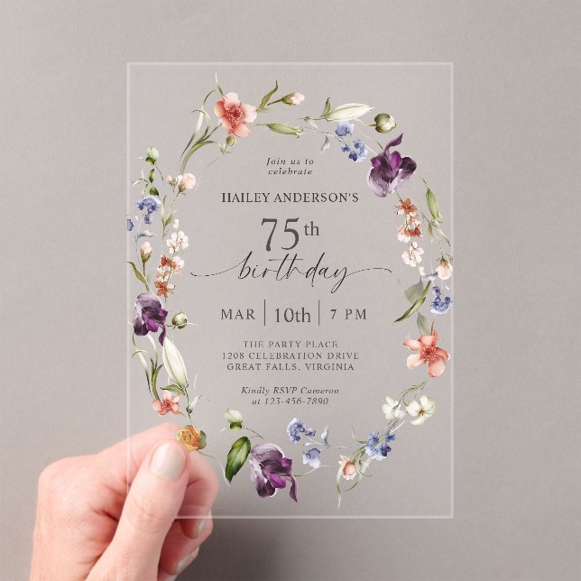 Elegant Wildflowers Feminine Floral 75th Birthday Acrylic Invitations (Insitu (Handheld))