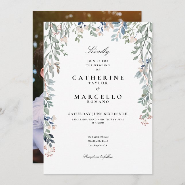 Elegant Wildflowers Floral Photo Wedding Invitation (Front/Back)