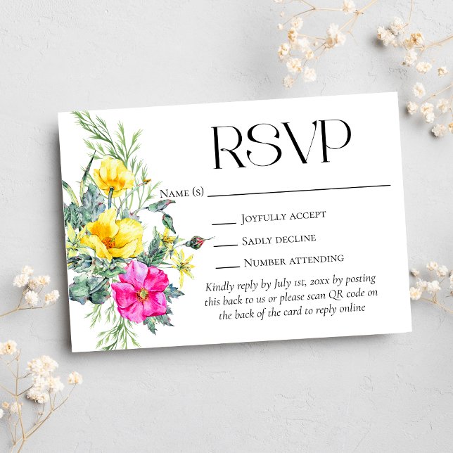 Elegant Wildflowers Floral Wedding Website QR Code RSVP Card (Creator Uploaded)