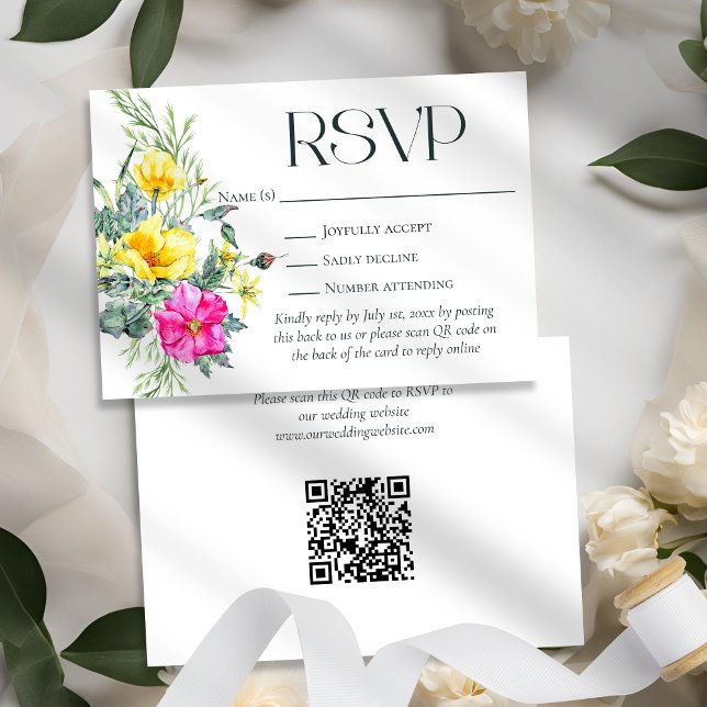 Elegant Wildflowers Floral Wedding Website QR Code RSVP Card (Creator Uploaded)