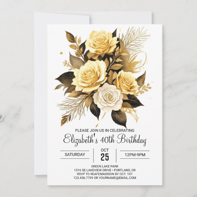 Elegant Wildflowers Gold and Black 30th Birthday Invitation (Front)