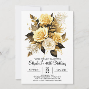 Elegant Wildflowers Gold and Black 30th Birthday Invitation