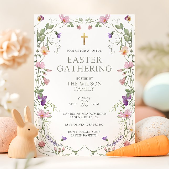 Elegant Wildflowers Gold Cross Easter Gathering Invitation (Creator Uploaded)