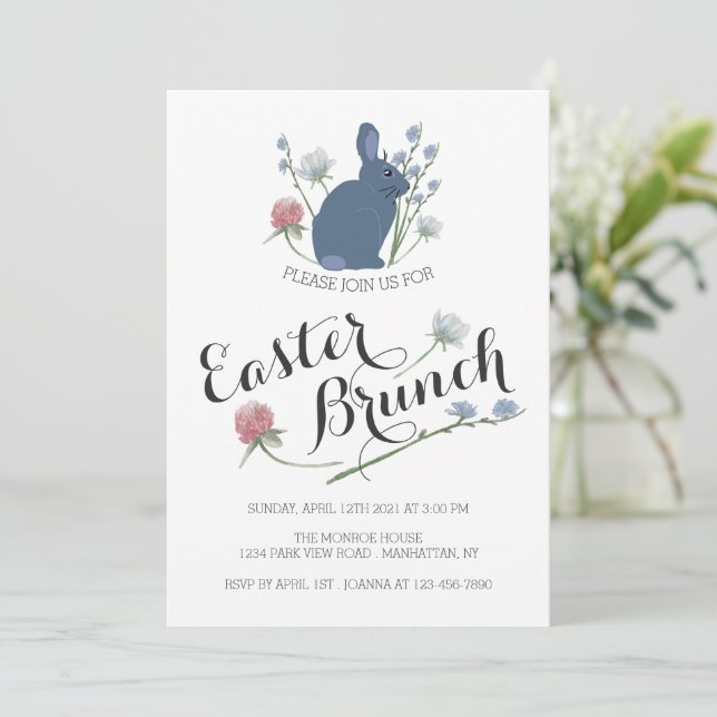 Elegant Wildflowers & Grey Bunny, Easter Brunch Announcement (Standing Front)