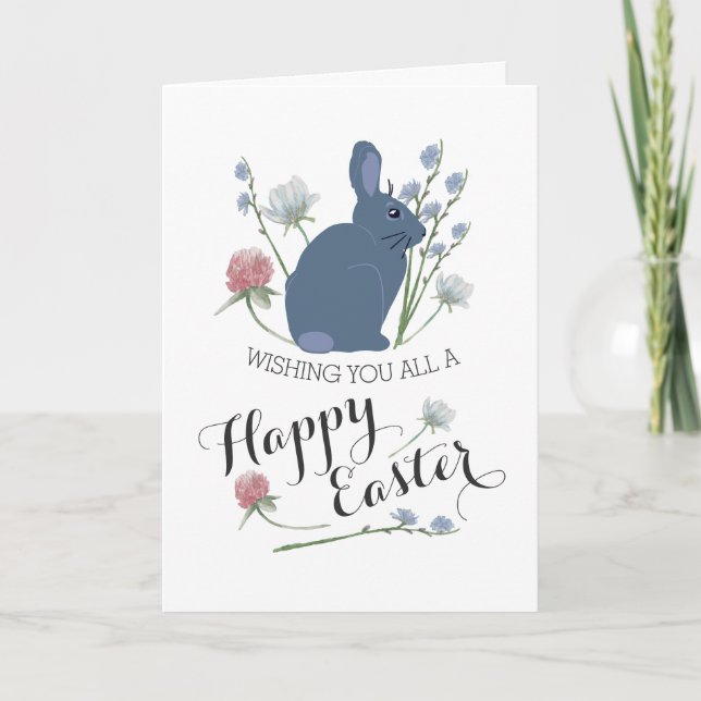 Elegant Wildflowers & Grey Bunny, Easter Card (Front)