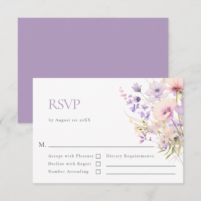 Elegant Wildflowers Lavender Violet Wedding RSVP Card (Front/Back)