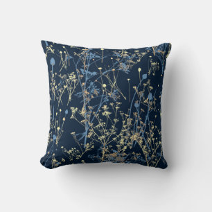 Elegant Wildflowers on Dark Blue Yellow Cushion