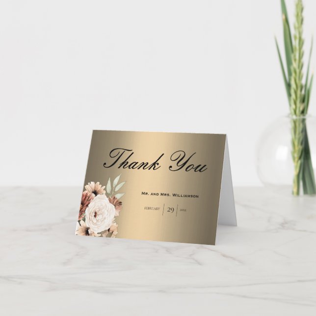 Elegant Wildflowers on Gold Boho Wedding Thank You (Front)