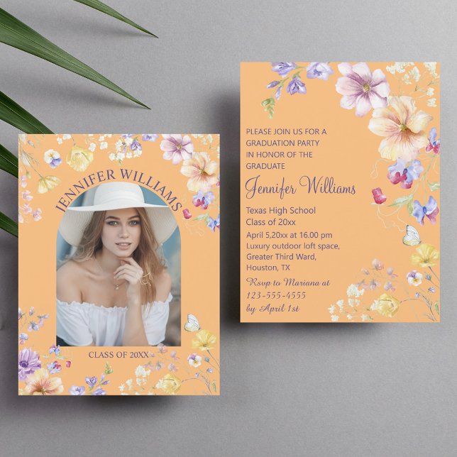 elegant wildflowers photo graduation purple orange invitation (Creator Uploaded)