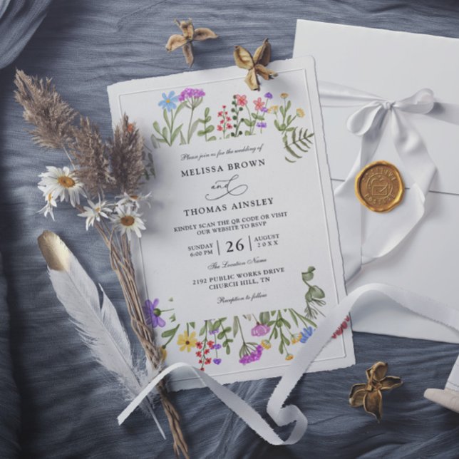 Elegant Wildflowers Rustic Budget QR Code Wedding Invitation (Creator Uploaded)