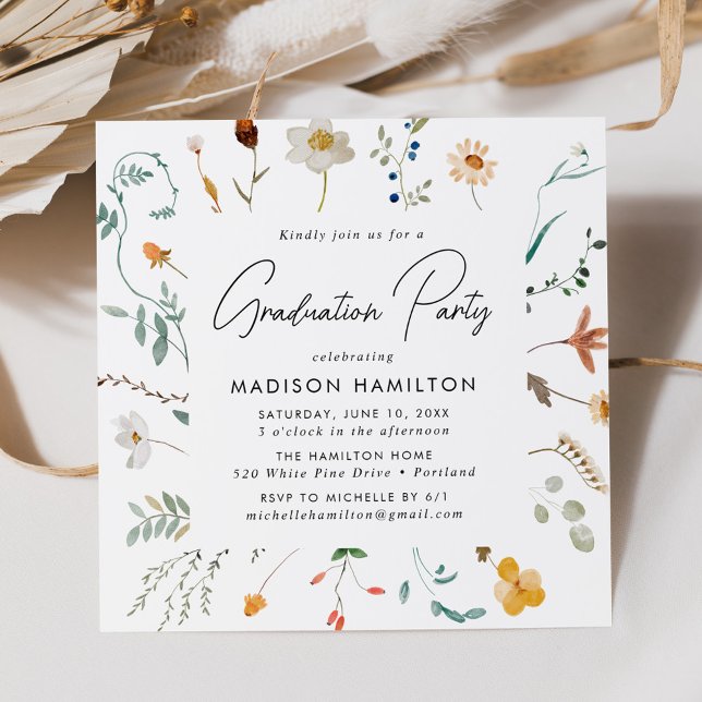 Elegant Wildflowers Square Frame Graduation Party Invitation (Creator Uploaded)