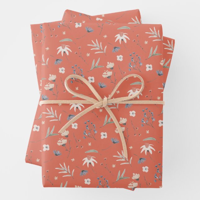 Elegant Wildflowers Terracotta Wrapping Paper Sheet (In situ)