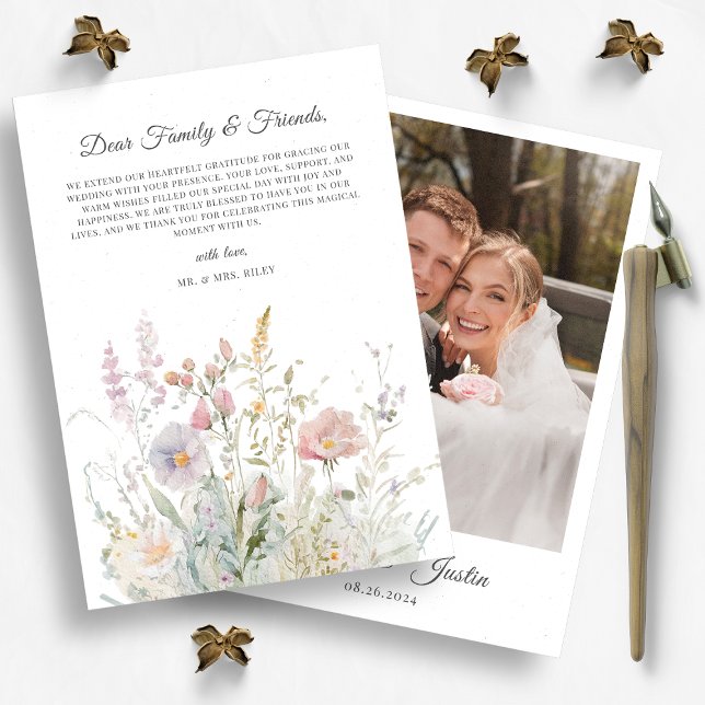 Elegant Wildflowers Watercolor Wedding Photo Thank You Card (Creator Uploaded)