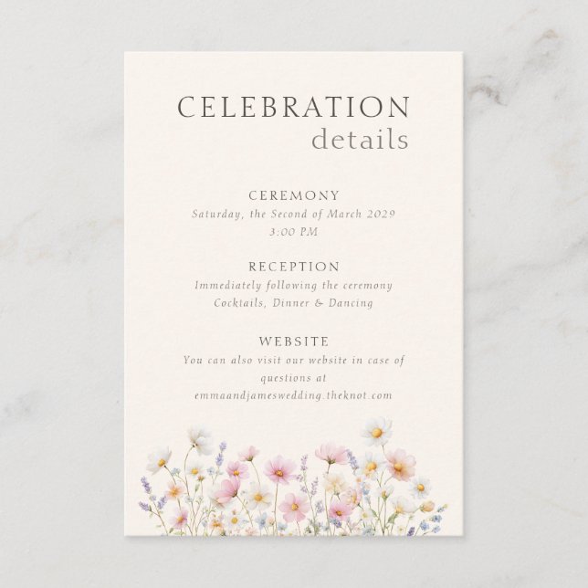 Elegant Wildflowers Wedding Ceremony Reception Enclosure Card (Front)